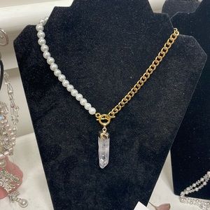 Quartz crystal and gold drop necklace